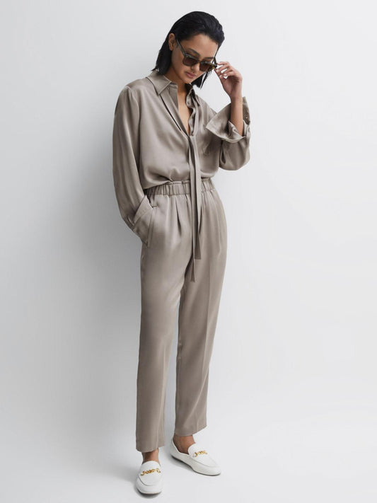 Reiss Trousers | Elaina Satin Elasticated Tapered Trousers Mink - Women