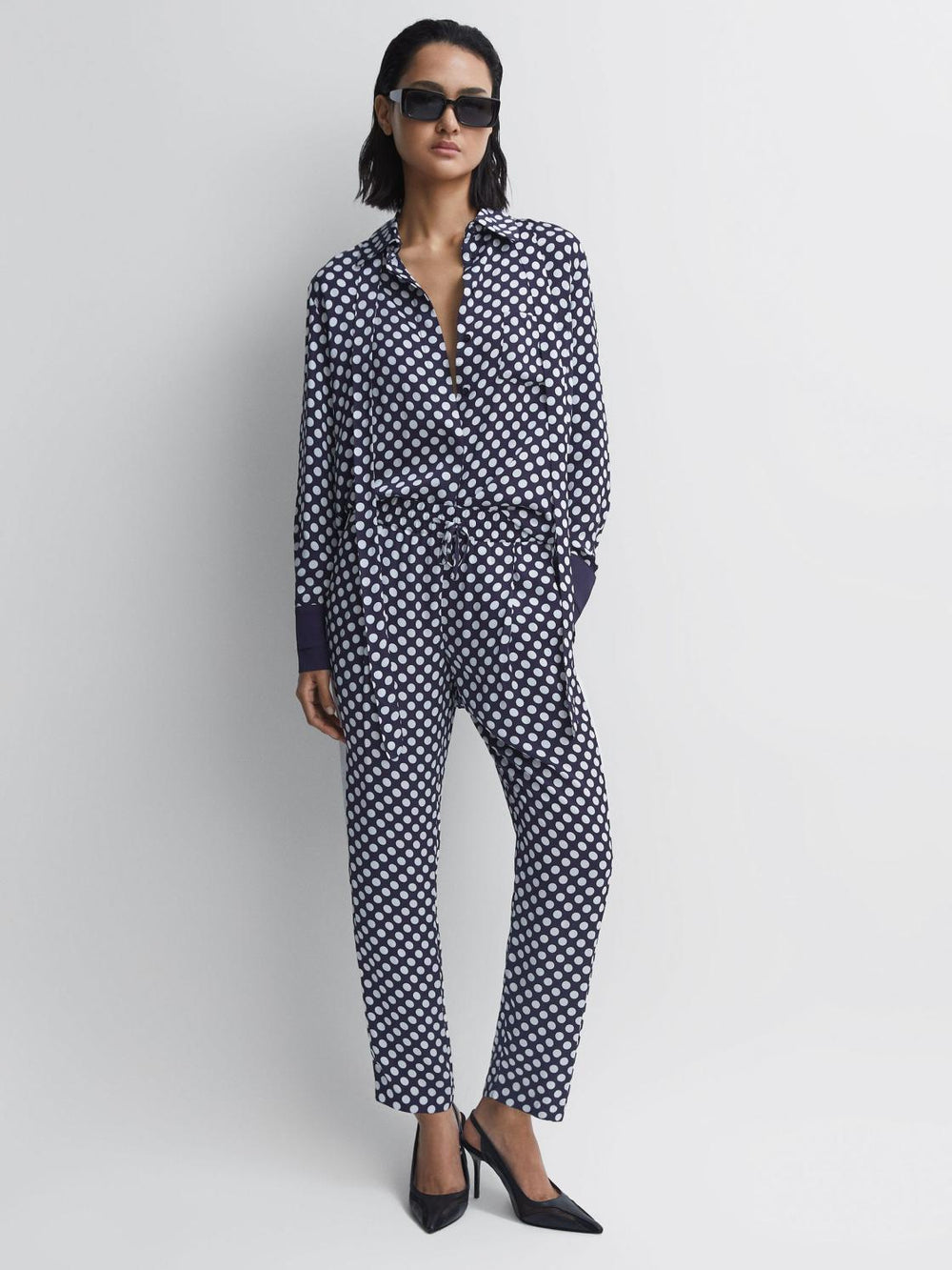 Reiss Trousers | Ezra Polka Dot Drawstring Tapered Trousers Navy/white - Women