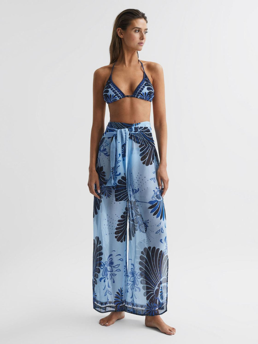 Reiss Trousers | Ginnie Sheer Wide Leg Trousers Blue Print - Women