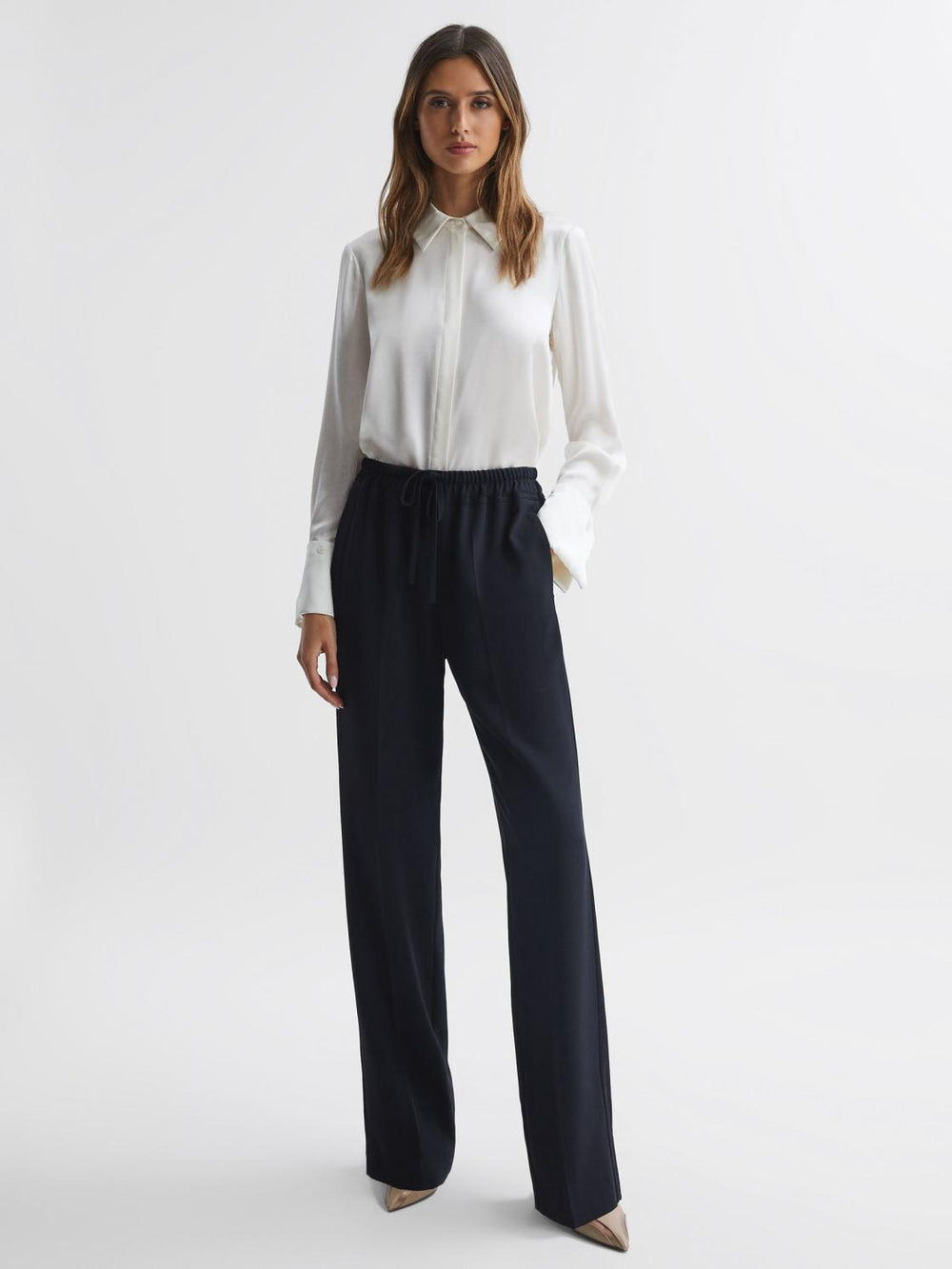 Reiss Trousers | Hailey Wide Wide Leg Pull On Trousers Navy - Women