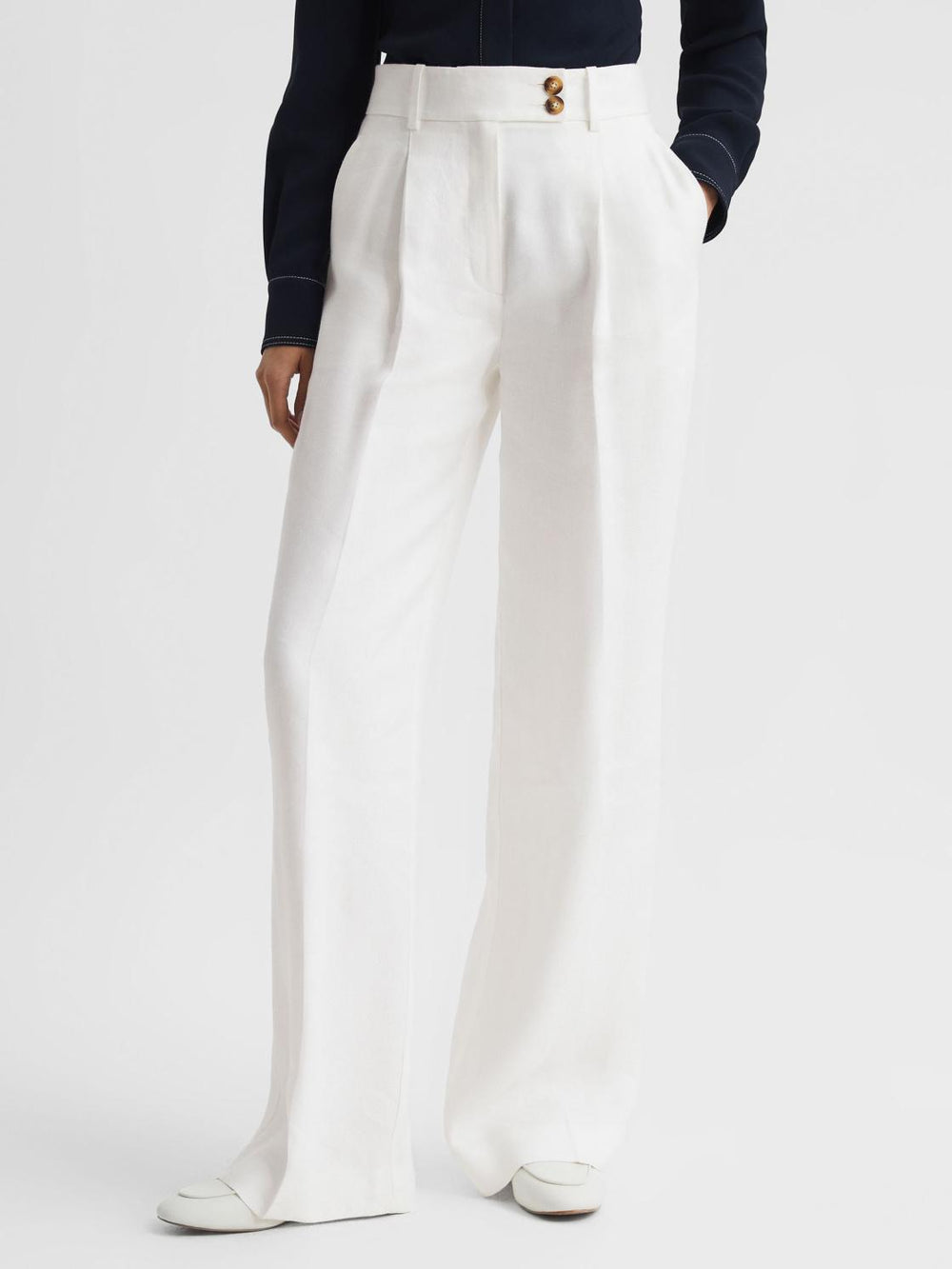 Reiss Trousers | Hollie Wide Leg Linen Trousers Blue - Women