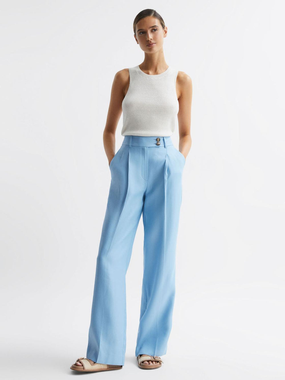 Reiss Trousers | Hollie Wide Leg Linen Trousers Blue - Women