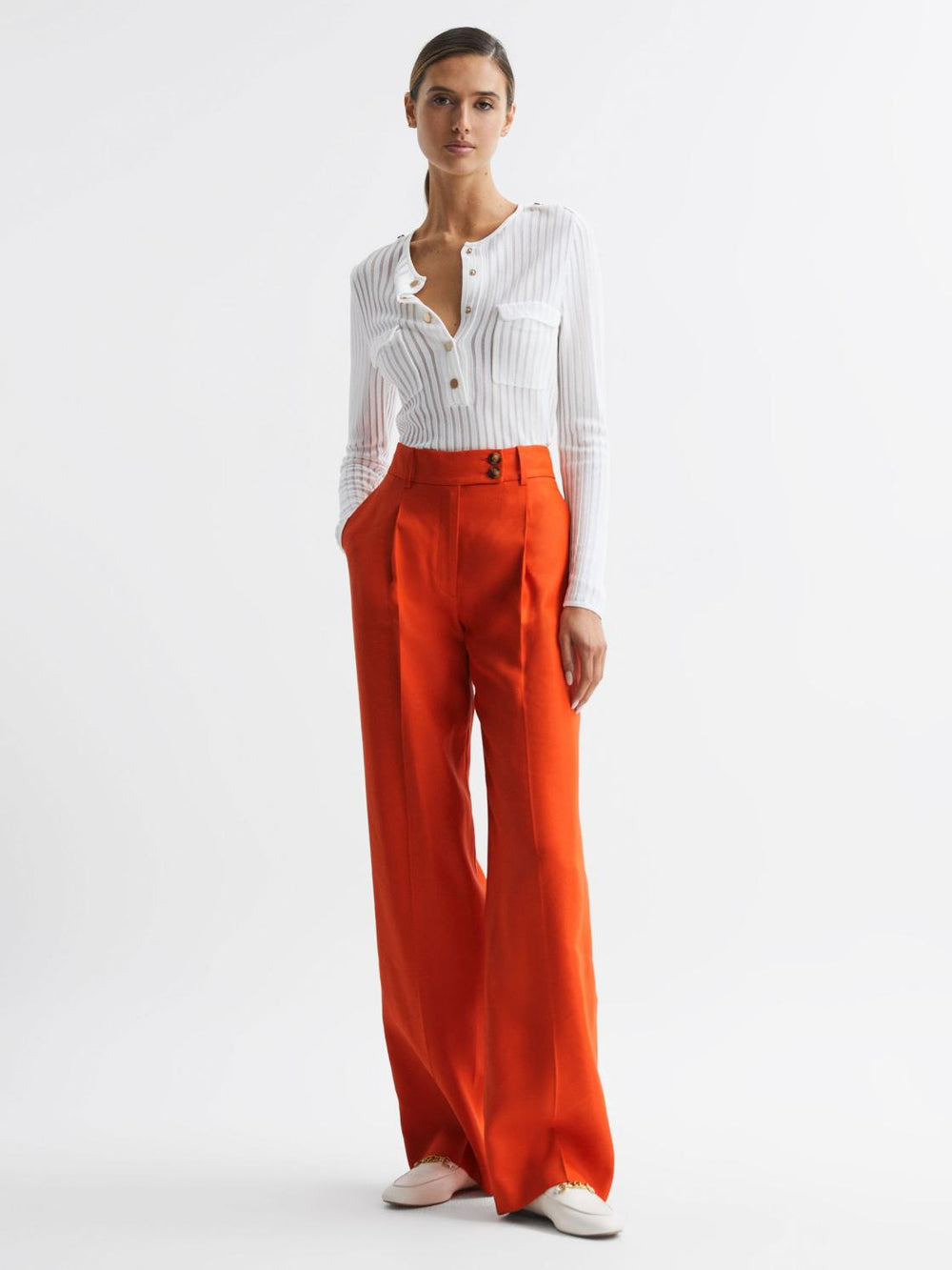 Reiss Trousers | Hollie Wide Leg Linen Trousers Orange - Women