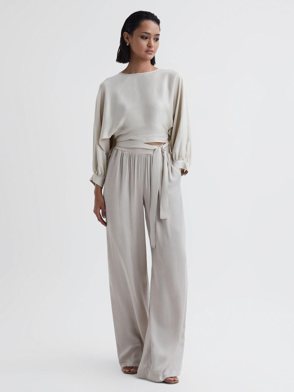 Reiss Trousers | Imogen Wide Leg Elasticated Waist Trousers Neutral - Women