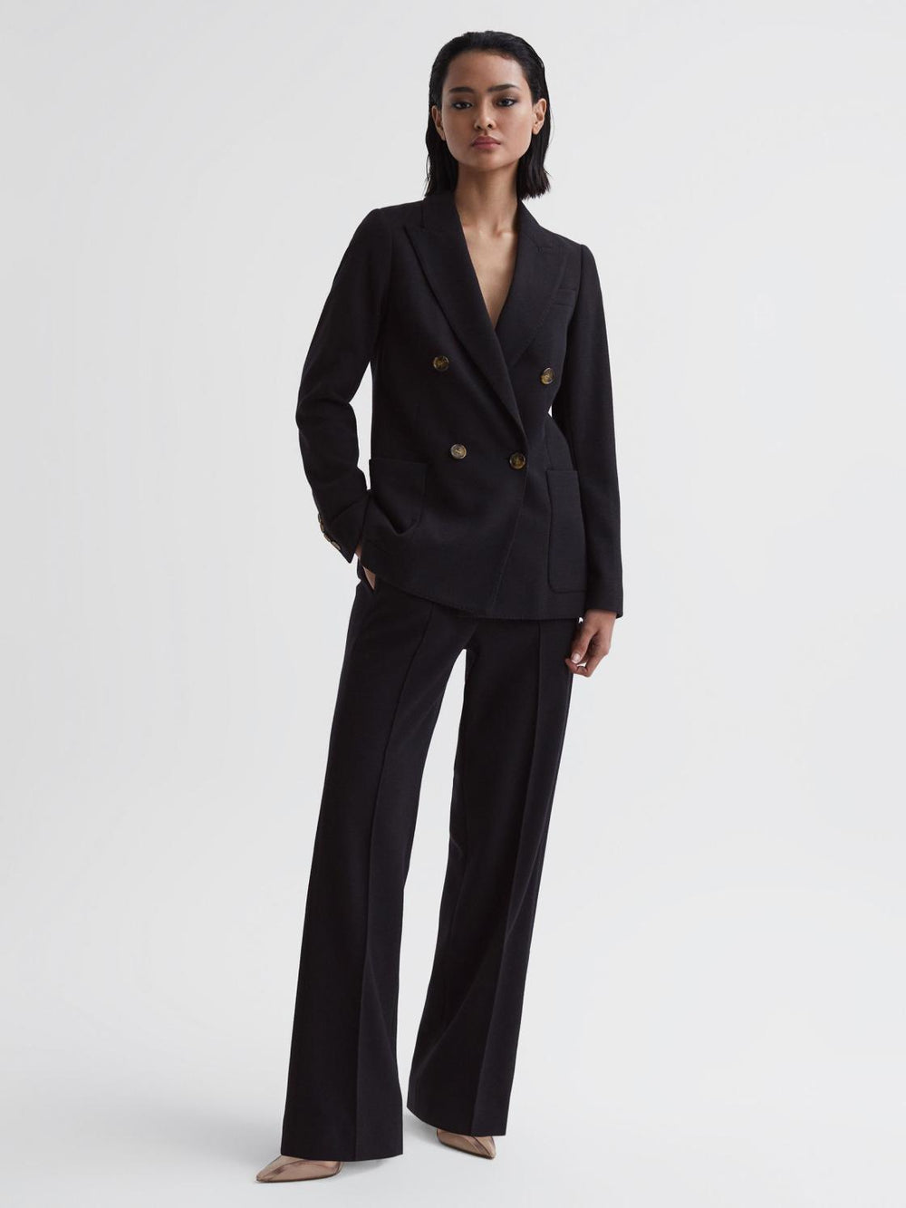 Reiss Trousers | Iria Wool Blend Wide Leg Trousers Navy - Women