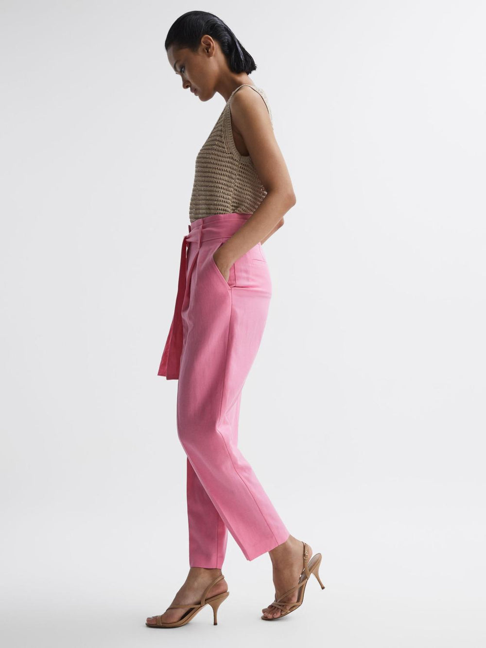 Reiss Trousers | Kylee High Rise Belted Tapered Trousers Pink - Women