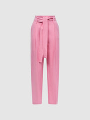 Reiss Trousers | Kylee High Rise Belted Tapered Trousers Pink - Women