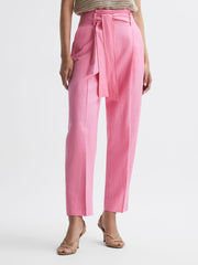 Reiss Trousers | Kylee High Rise Belted Tapered Trousers Pink - Women