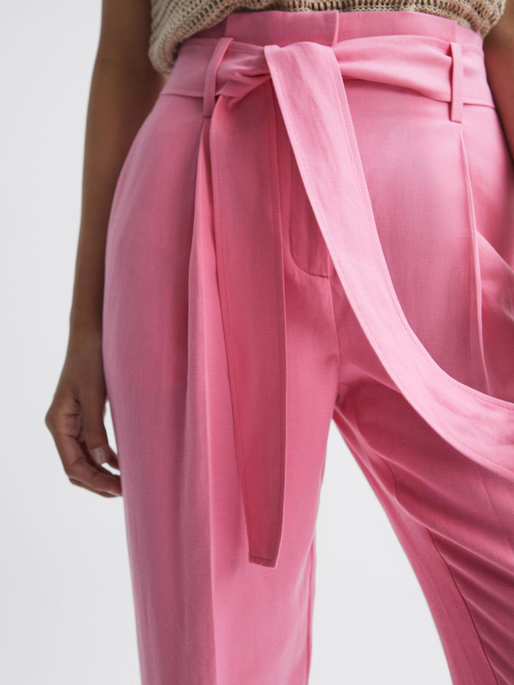 Reiss Trousers | Kylee High Rise Belted Tapered Trousers Pink - Women