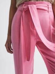 Reiss Trousers | Kylee High Rise Belted Tapered Trousers Pink - Women