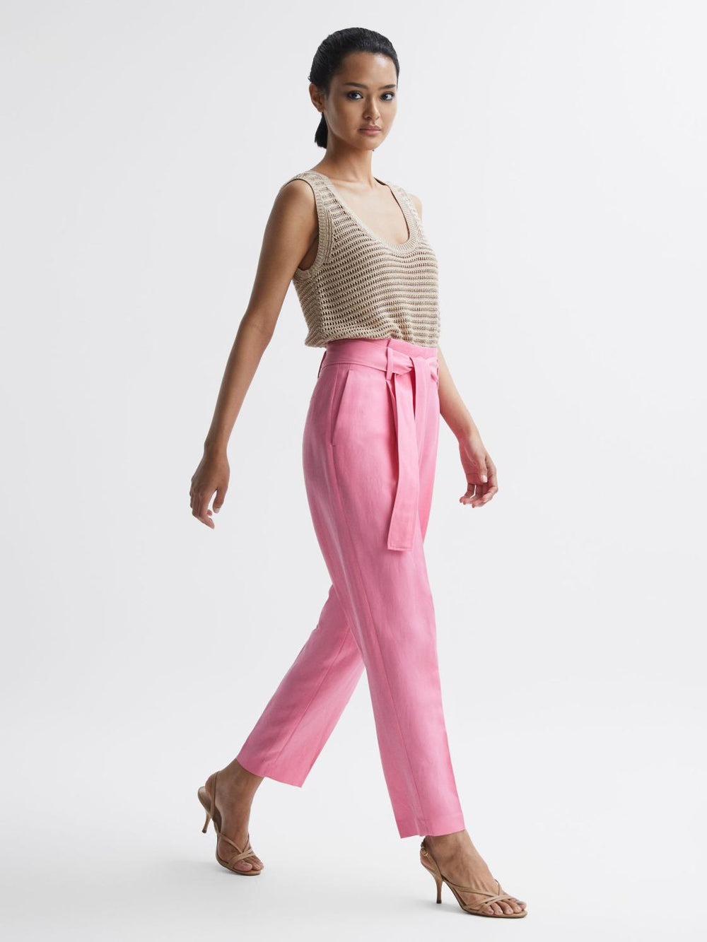 Reiss Trousers | Kylee High Rise Belted Tapered Trousers Pink - Women