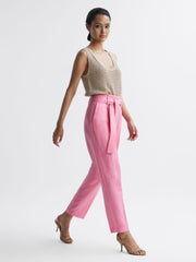 Reiss Trousers | Kylee High Rise Belted Tapered Trousers Pink - Women