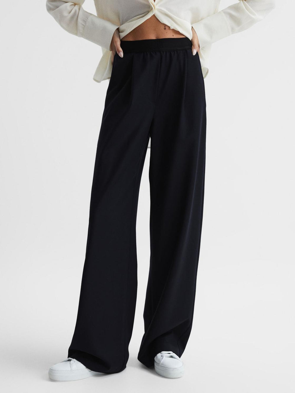 Reiss Trousers | Lena Logo Pull On Wide Leg Trousers Navy - Women