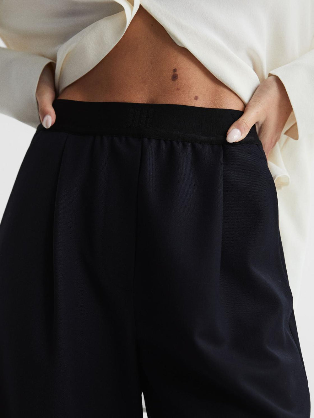 Reiss Trousers | Lena Logo Pull On Wide Leg Trousers Navy - Women