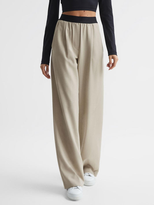 Reiss Trousers | Lena Logo Pull On Wide Leg Trousers Stone - Women