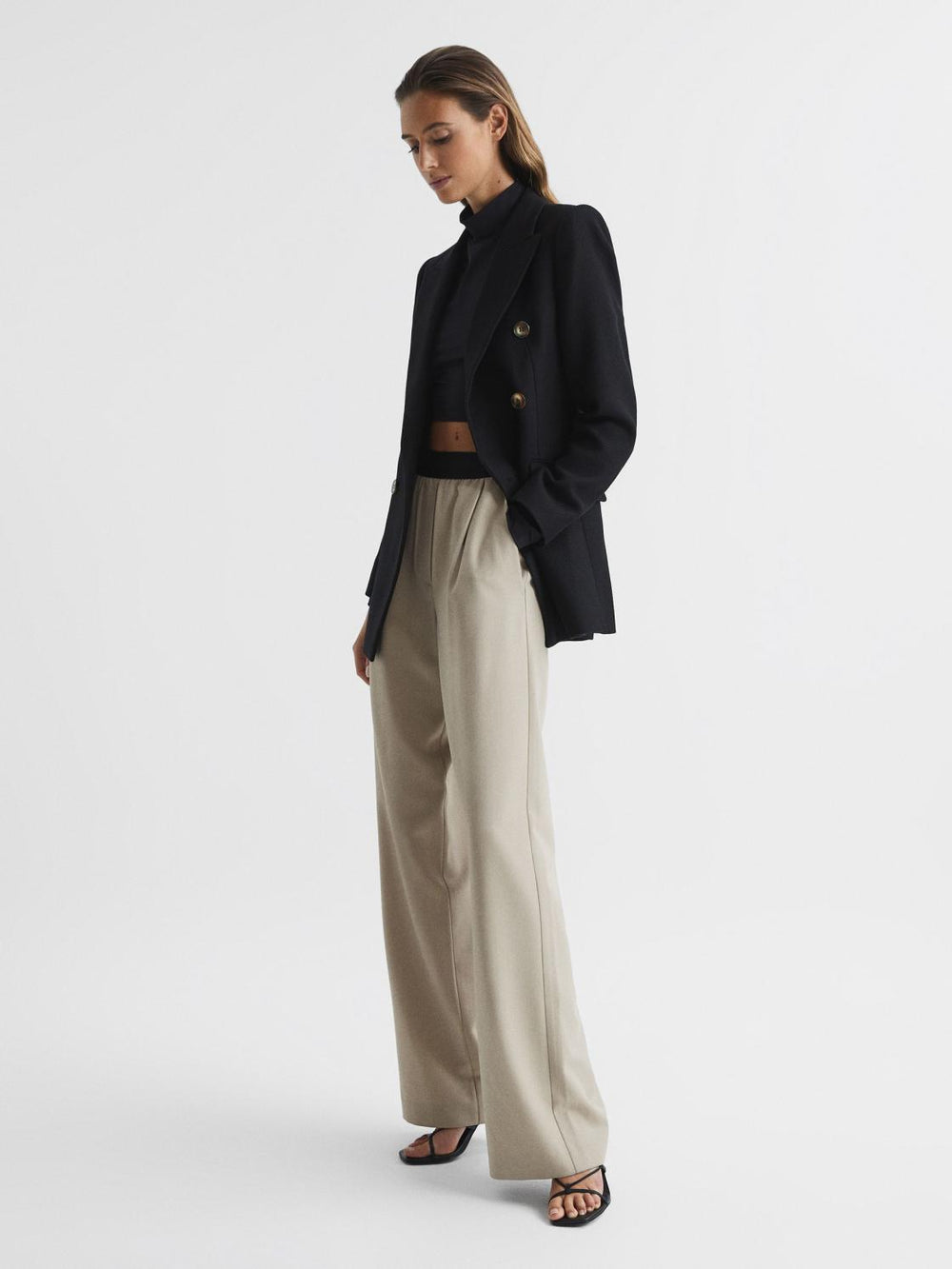 Reiss Trousers | Lena Logo Pull On Wide Leg Trousers Stone - Women