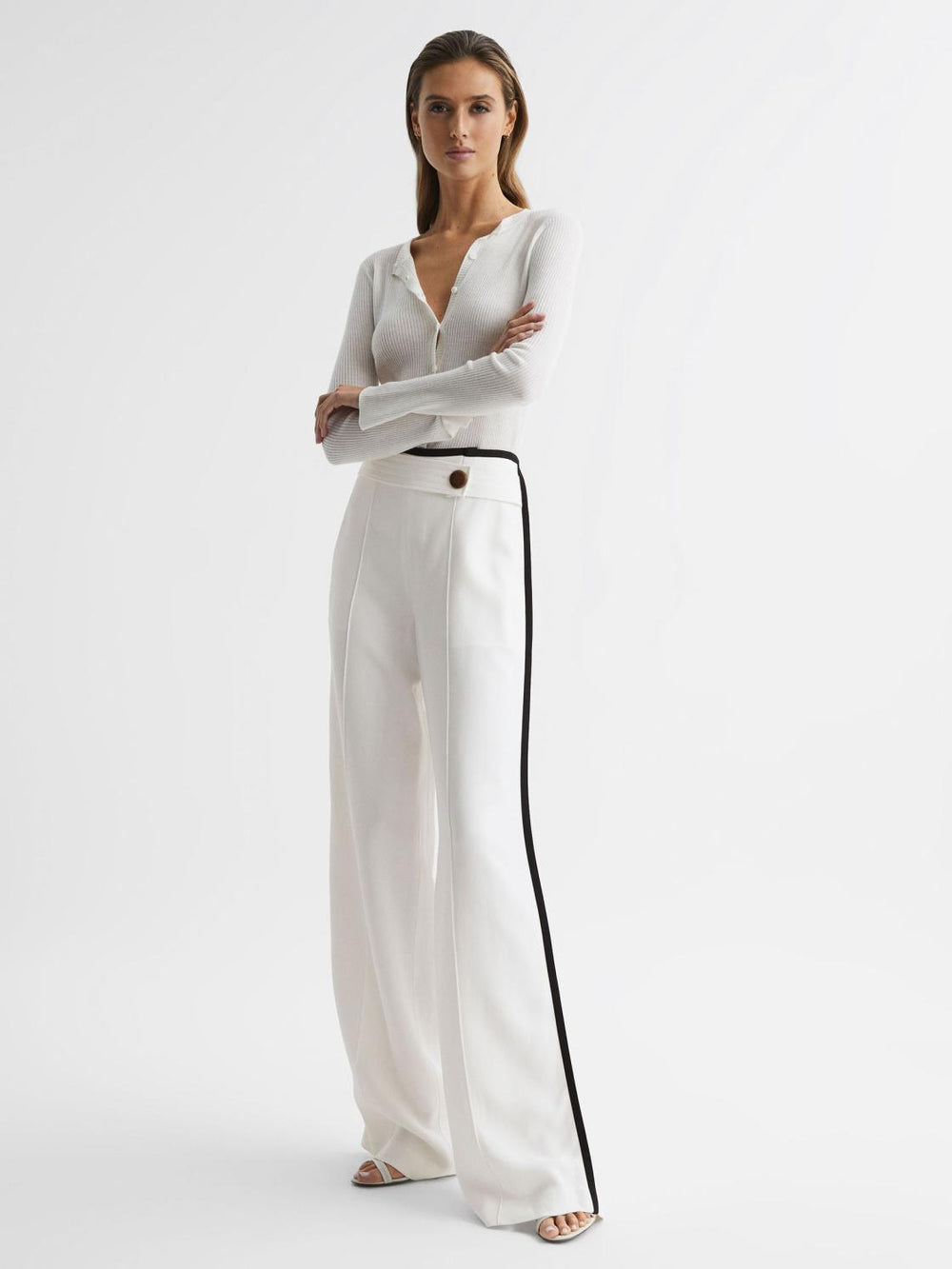Reiss Trousers | Lina High Rise Wide Leg Trousers Cream - Women