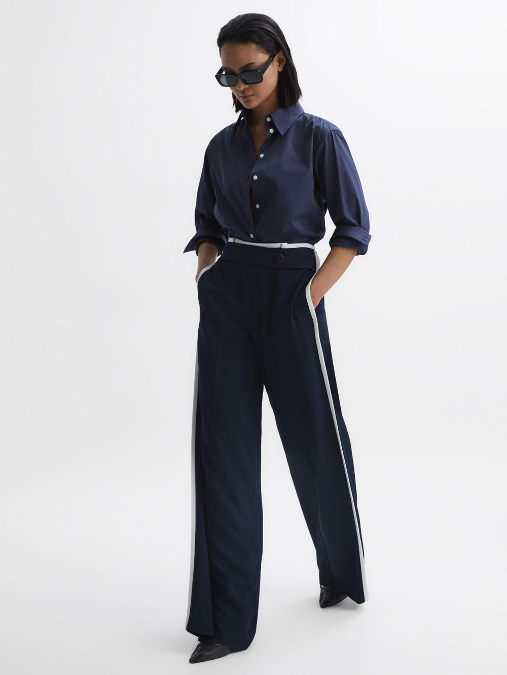 Reiss Trousers | Lina High Rise Wide Leg Trousers Navy - Women