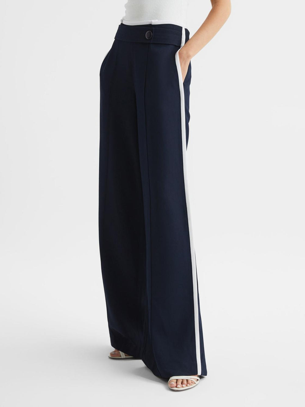 Reiss Trousers | Lina High Rise Wide Leg Trousers Navy - Women