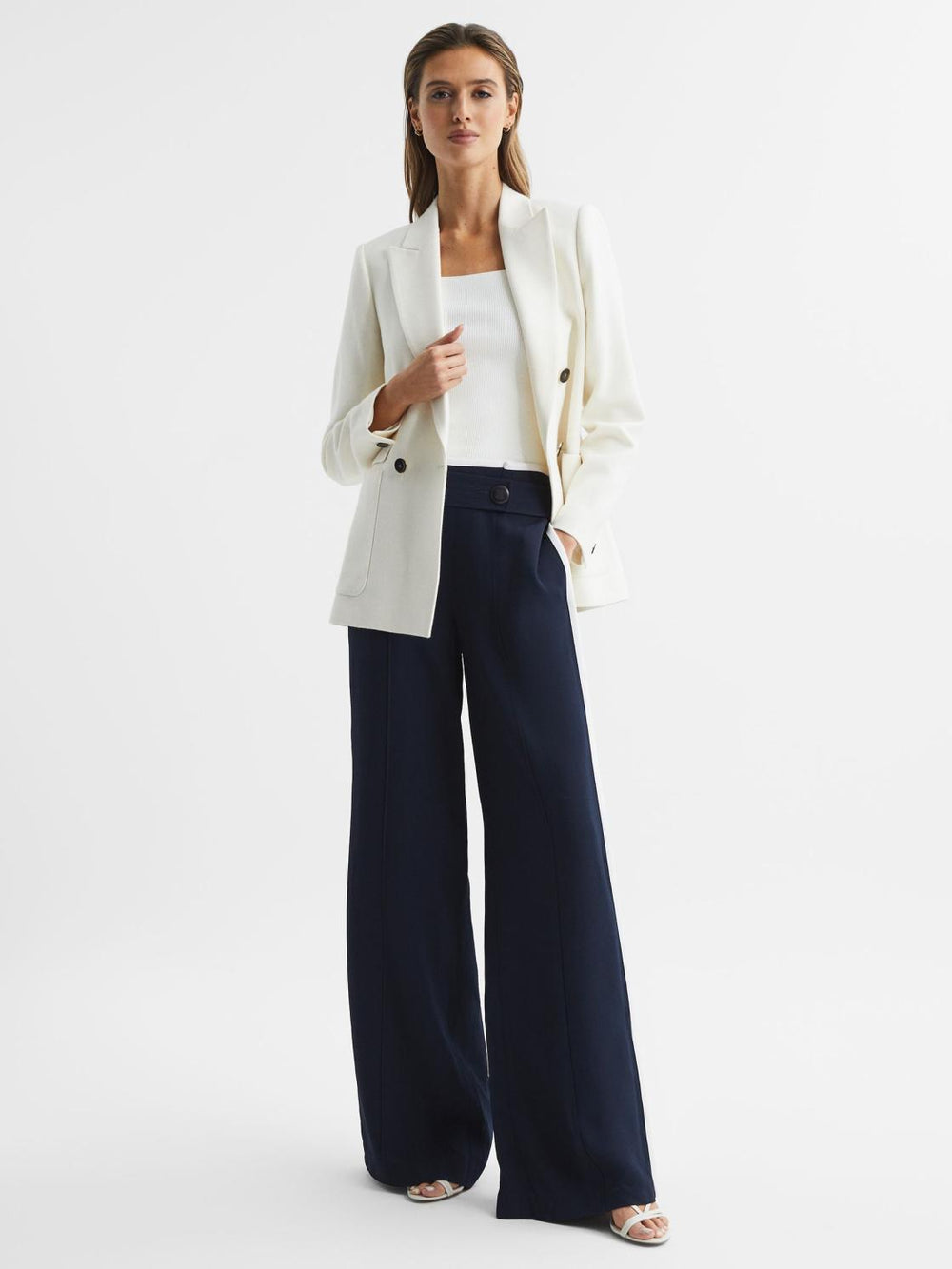Reiss Trousers | Lina High Rise Wide Leg Trousers Navy - Women