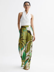 Reiss Trousers | Luna Wide Leg Mid Rise Printed Trousers Green Print - Women