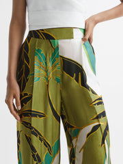 Reiss Trousers | Luna Wide Leg Mid Rise Printed Trousers Green Print - Women