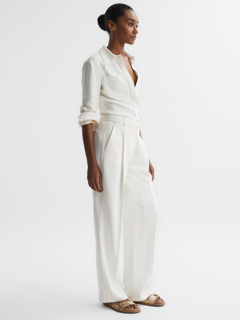 Reiss Trousers | Natalia Wide Leg Pleated Trousers Cream - Women
