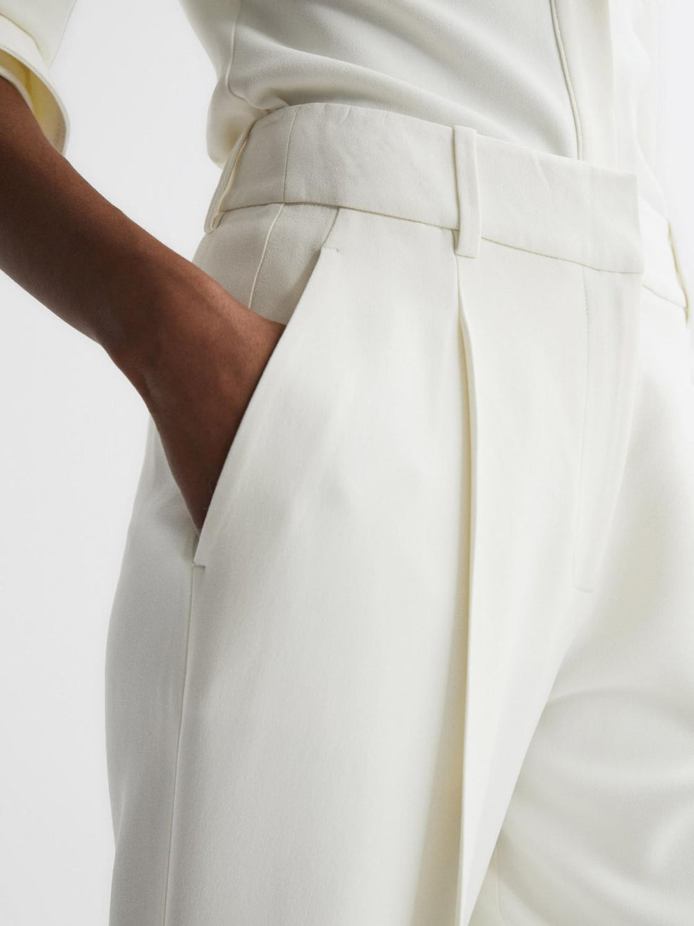 Reiss Trousers | Natalia Wide Leg Pleated Trousers Cream - Women