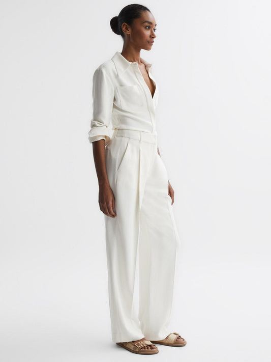 Reiss Trousers | Natalia Wide Leg Pleated Trousers Cream - Women