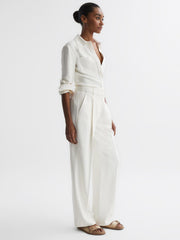 Reiss Trousers | Natalia Wide Leg Pleated Trousers Cream - Women