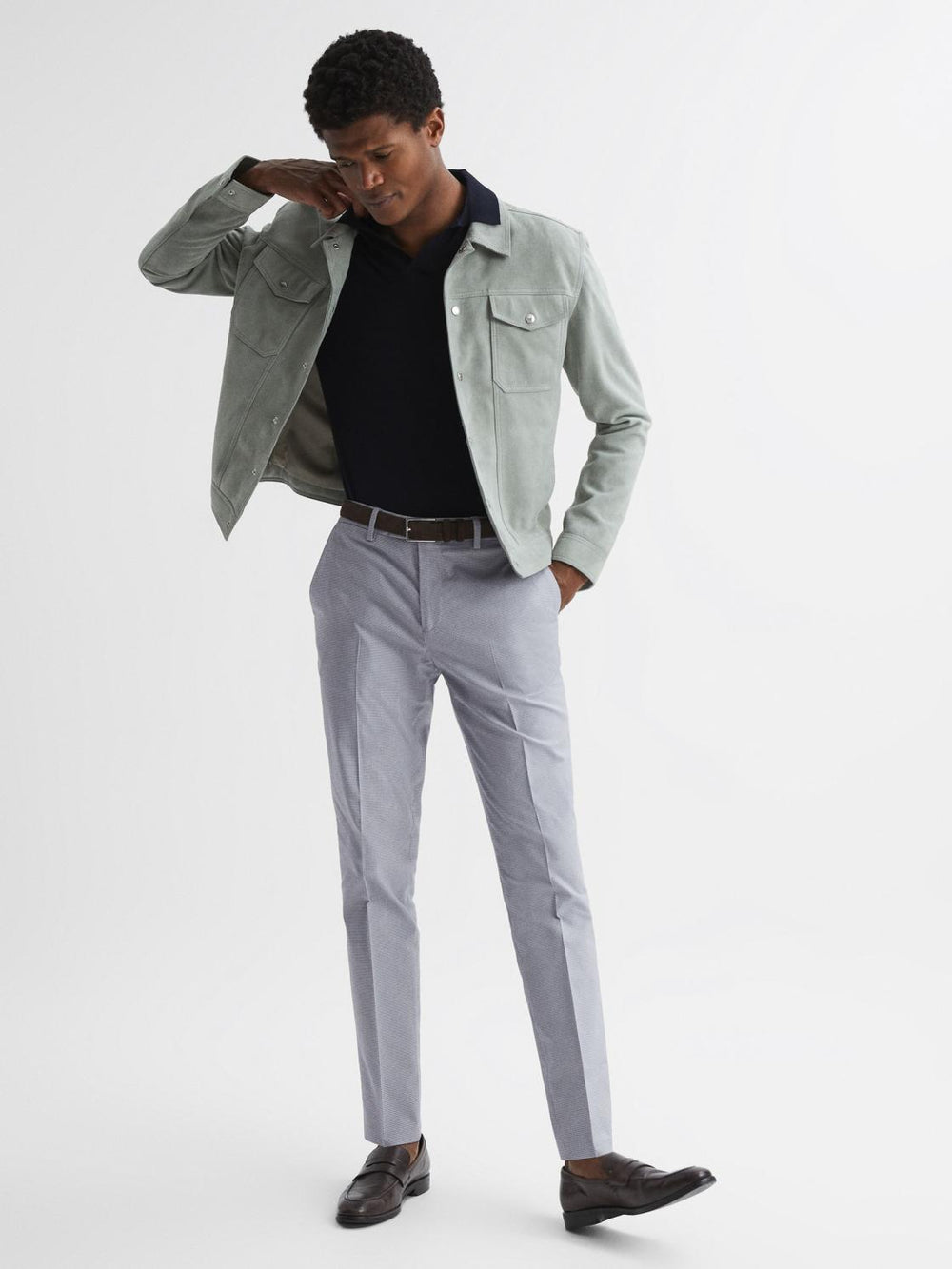 Reiss Trousers | Pause Slim Fit Puppytooth Chinos Soft Blue - Men