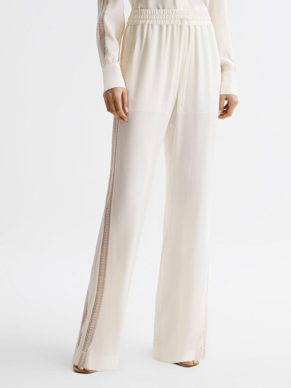Reiss Trousers | Rowan Wide Leg Lace Trousers Cream - Women