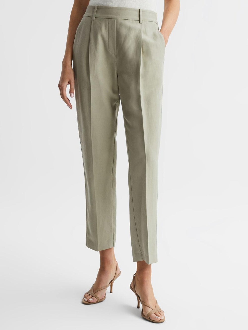 Reiss Trousers | Shae Taper Tapered Linen Trousers Khaki - Women