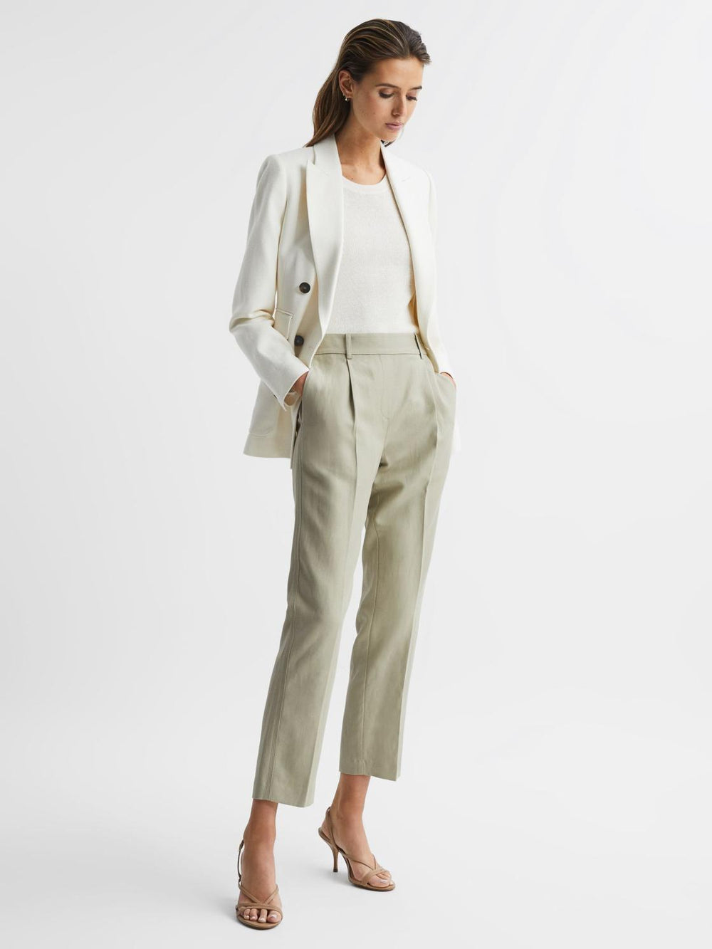Reiss Trousers | Shae Taper Tapered Linen Trousers Khaki - Women