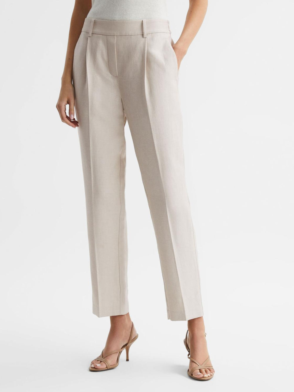 Reiss Trousers | Shae Taper Tapered Linen Trousers Khaki - Women