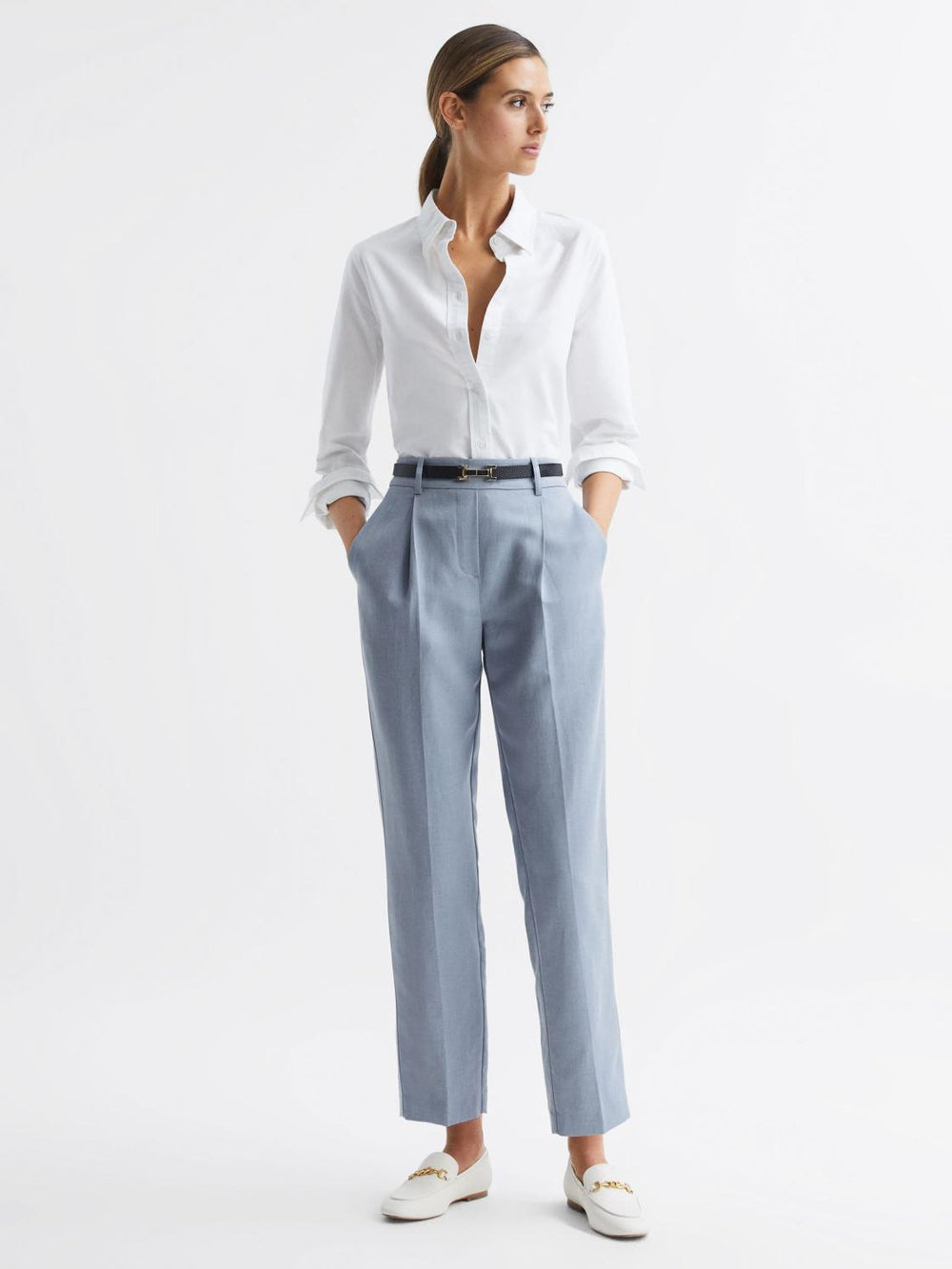 Reiss Trousers | Shae Taper Tapered Linen Trousers Pale Blue - Women