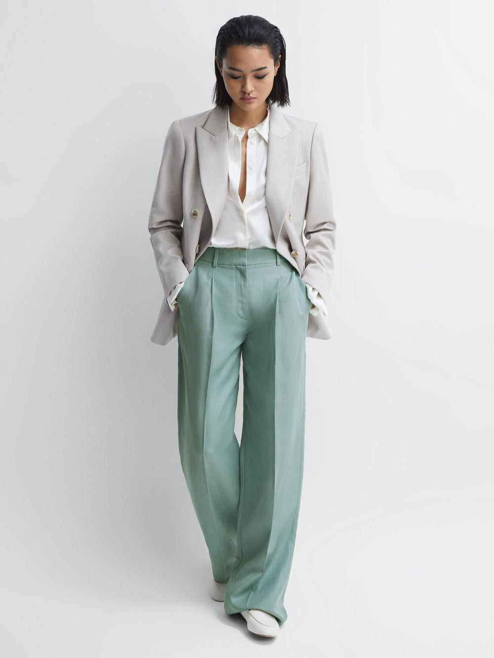 Reiss Trousers | Talia Linen Blend Wide Leg Trousers Teal - Women