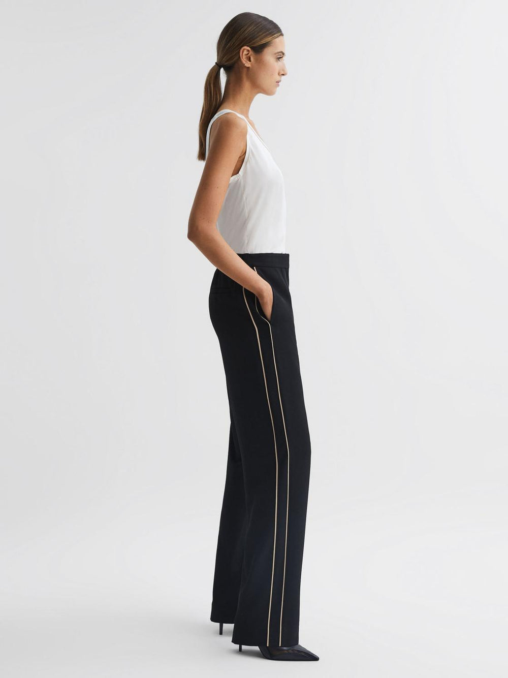 Reiss Trousers | Theo Wide Wide Leg Side Stripe Trousers Black - Women