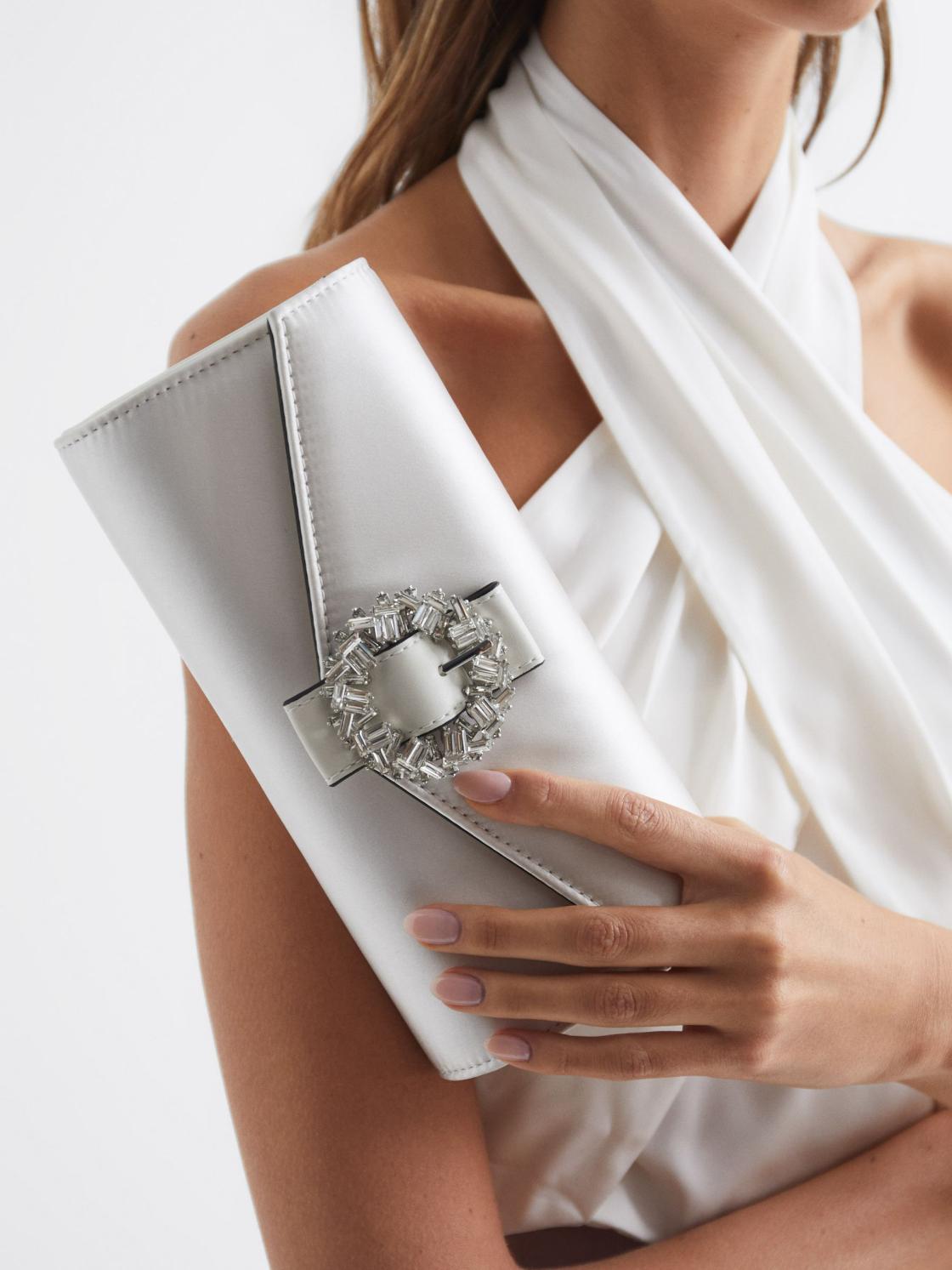 Reiss Bags | Delphine Diamanté Buckle Satin Clutch Off White - Women