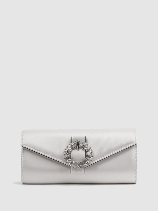 Reiss Bags | Delphine Diamanté Buckle Satin Clutch Off White - Women