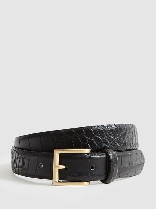 Reiss Belts | Molly Leather Croc Embossed Belt Black - Women