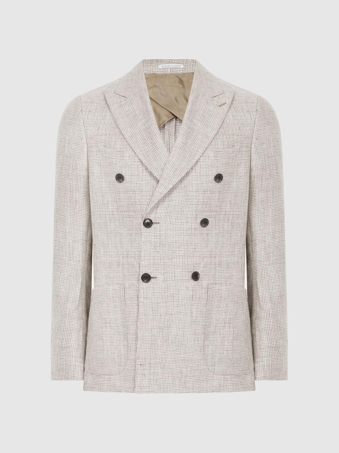 Reiss Blazers | Angel Slim Fit Double Breasted Linen Puppytooth Blazer Oatmeal Melange - Men