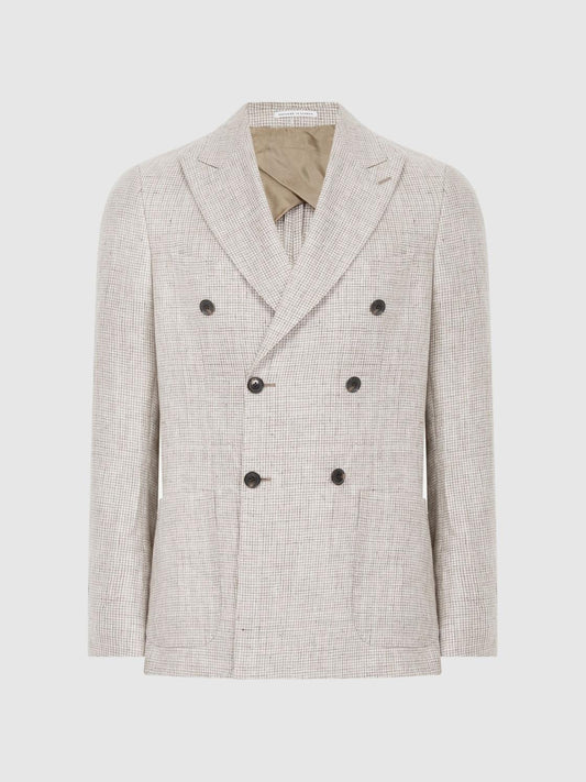 Reiss Blazers | Angel Slim Fit Double Breasted Linen Puppytooth Blazer Oatmeal Melange - Men