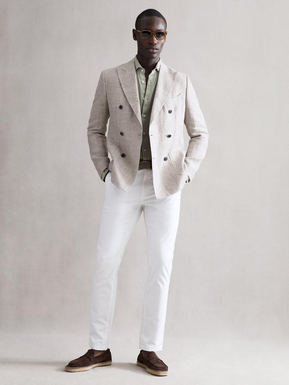 Reiss Blazers | Angel Slim Fit Double Breasted Linen Puppytooth Blazer Oatmeal Melange - Men