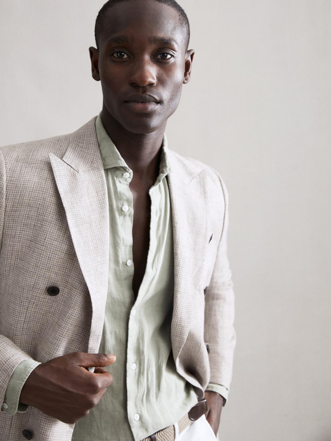 Reiss Blazers | Angel Slim Fit Double Breasted Linen Puppytooth Blazer Oatmeal Melange - Men