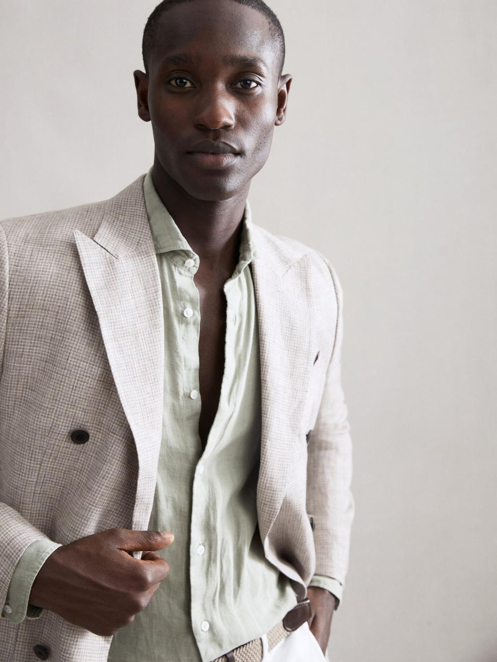 Reiss Blazers | Angel Slim Fit Double Breasted Linen Puppytooth Blazer Oatmeal Melange - Men