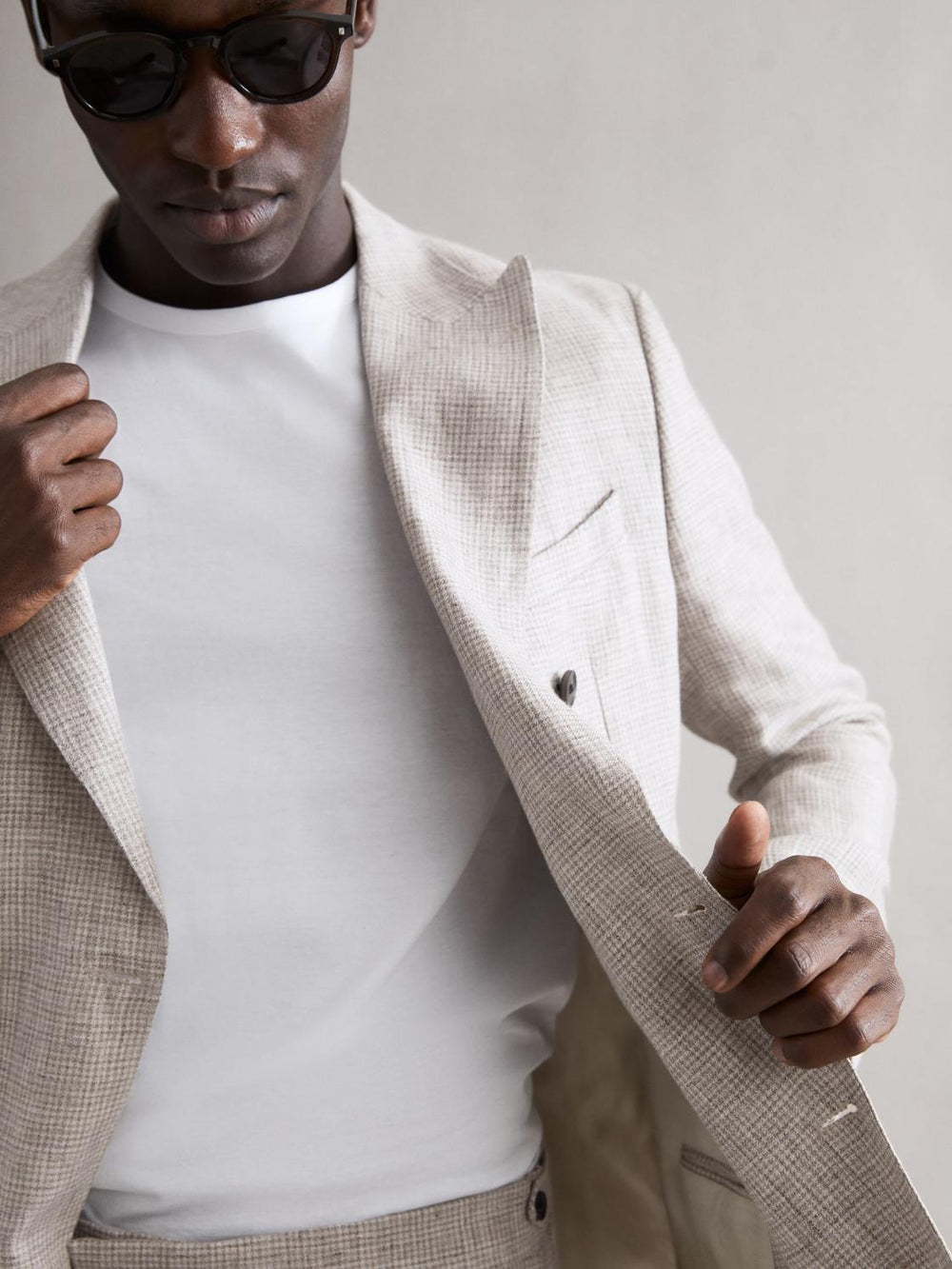 Reiss Blazers | Angel Slim Fit Double Breasted Linen Puppytooth Blazer Oatmeal Melange - Men