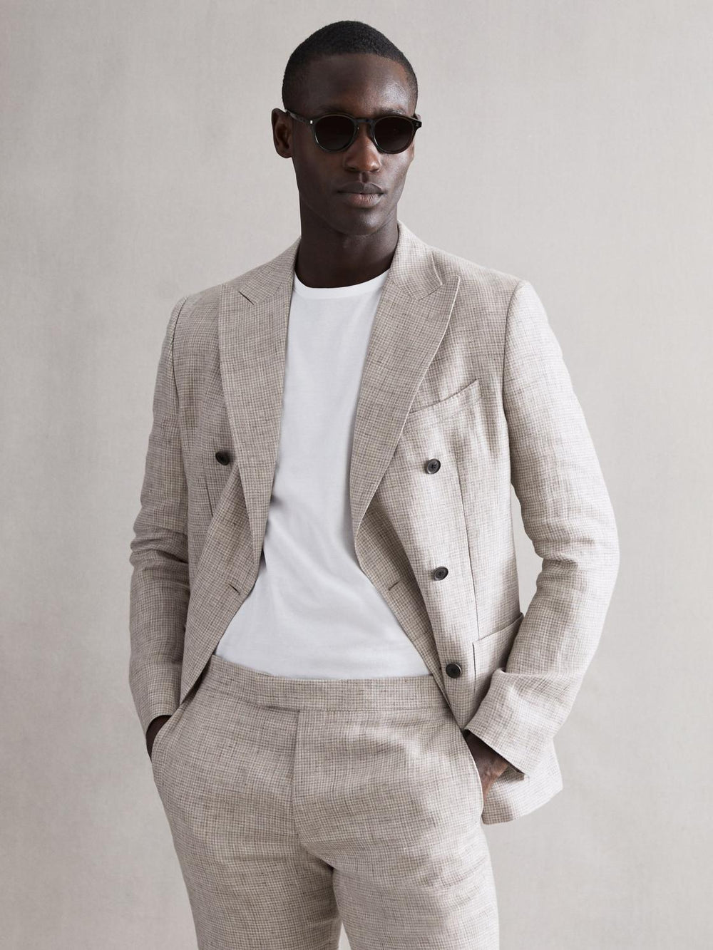 Reiss Blazers | Angel Slim Fit Double Breasted Linen Puppytooth Blazer Oatmeal Melange - Men