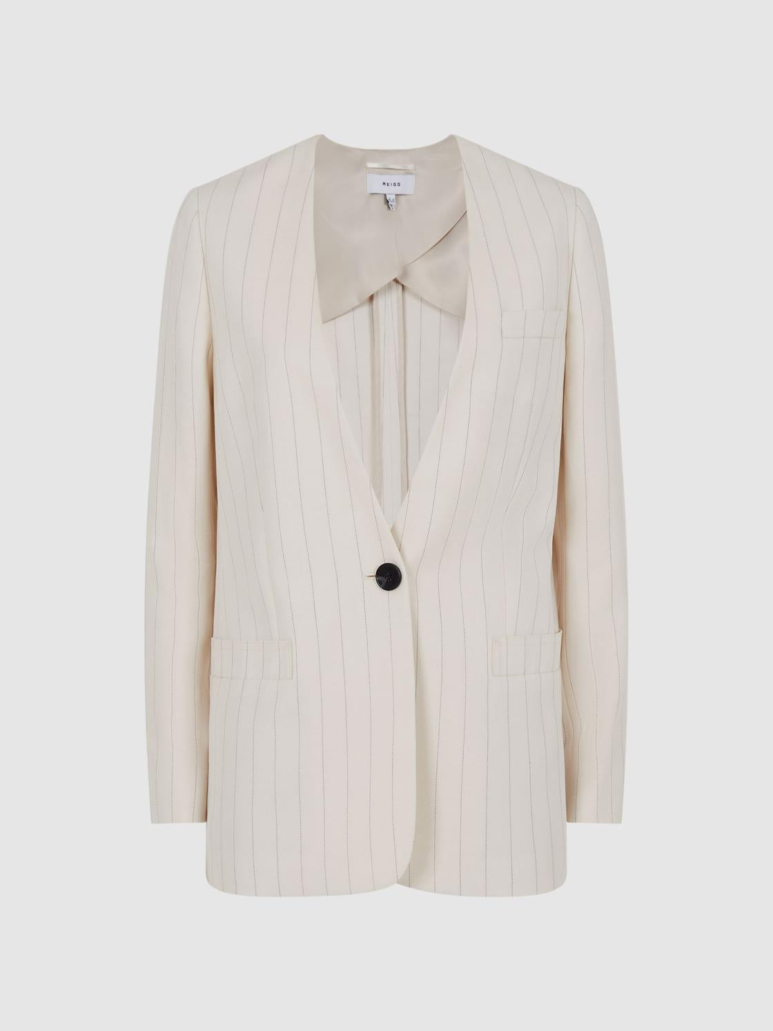Reiss Blazers | Arleth Collarless Pinstripe Blazer White - Women
