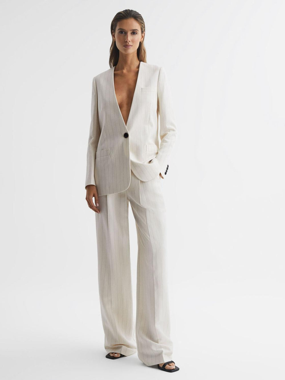 Reiss Blazers | Arleth Collarless Pinstripe Blazer White - Women